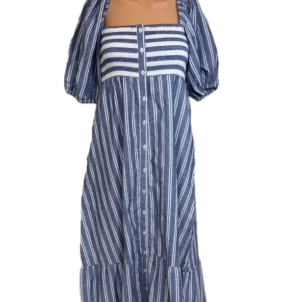 Emerson Fry Love Tomas Blue White Stripe Smocked Maxi Dress Cotton M/L - Picture 2 of 5